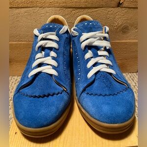 The Office of Angela Scott Elliott Kiltie Sneaker Sz 38 7.5 Blue Suede Amazing!